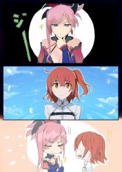 Rule 34 | 2girls, 3koma, blue eyes, blue sky, breasts, chaldea uniform, chibi, cleavage, closed eyes, cloud, comic, detached sleeves, fate/grand order, fate (series), feathers, fujimaru ritsuka (female), hair between eyes, hair ribbon, hand on own chin, japanese clothes, kimono, large breasts, long hair, miyamoto musashi (fate), miyamoto musashi (third ascension) (fate), multiple girls, open mouth, orange eyes, orange hair, pink hair, ponytail, ribbon, side ponytail, silent comic, sky, sleeveless, sleeveless kimono, smile, sparkle, thumbs up, translation request, walzrj