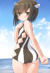 Rule 34 | 10s, 1girl, ass, brown eyes, brown hair, clenched hands, cloud, day, dd (ijigendd), from behind, gradient background, hand on own chest, kantai collection, looking back, ocean, one-piece swimsuit, short hair, sky, solo, swimsuit, taihou (kancolle), wide hips