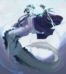 Rule 34 | 1boy, absurdres, arm up, black hair, blue background, blue hair, blue skin, colored skin, eel boy, fins, floyd leech, full body, green eyes, hand up, head fins, heterochromia, highres, holding, japanese clothes, kimono, kokorin, long sleeves, looking to the side, magic, male focus, monster boy, open mouth, purple background, purple headwear, purple kimono, purple shawl, sharp teeth, shawl, short hair, solo, teeth, twisted wonderland, two-tone background, wide sleeves, yellow eyes
