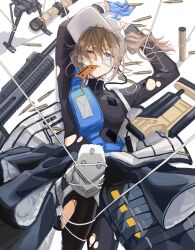 Rule 34 | 1girl, 7.62x51mm nato, absurdres, ammunition, arms behind head, arms up, assault rifle, bag, bandage on face, bandages, bandaid, bandaid on face, baseball cap, battle rifle, bipod, black pantyhose, black shirt, blonde hair, blue eyes, blue gloves, bodysuit, bullet, commentary request, earrings, fanny pack, flat chest, fn scar, fn scar 17, folding stock, full-power cartridge, girls&#039; frontline, gloves, gun, hair between eyes, hat, headphones, highres, jacket, jewelry, knee guards, knee pads, knee up, long sleeves, lying, magazine (weapon), messy hair, mouth hold, on back, open mouth, optical sight, pantyhose, parted lips, ponytail, rabb horn, rifle, rifle cartridge, scar-h, scar-h (girls&#039; frontline), scope, shell casing, shirt, shoulder bag, sidelocks, single knee pad, solo, strap, swept bangs, teeth, torn clothes, torn jacket, torn pantyhose, torn shirt, turtleneck, turtleneck bodysuit, unworn jacket, wallet, weapon