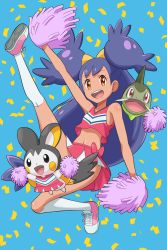 Rule 34 | 1girl, absurdres, arm up, axew, bare arms, blue background, body blush, brown eyes, cheerleader, clothed pokemon, commentary request, confetti, creatures (company), dark-skinned female, dark skin, emolga, eyelashes, game freak, gen 5 pokemon, highres, holding, holding pom poms, iris (pokemon), kneehighs, kneepits, leg up, long hair, navel, nintendo, no panties, open mouth, pink footwear, pink shirt, pokemoa, pokemon, pokemon (anime), pokemon (creature), pokemon bw (anime), pom pom (cheerleading), pom poms, purple hair, shiny skin, shirt, shoes, sleeveless, sleeveless shirt, smile, sneakers, socks, teeth, tongue, v-neck, very long hair, white socks