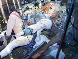 Rule 34 | 1girl, black footwear, blue hairband, blue jacket, blue skirt, blush, boots, breasts, bullet, commentary, flower, girls&#039; frontline, gloves, gun, hair between eyes, hair ornament, hairband, hand up, jacket, knee up, light brown hair, long hair, long sleeves, looking at viewer, lying, medium breasts, name connection, object namesake, on back, one eye closed, one side up, open mouth, pleated skirt, revision, skirt, snowflake hair ornament, solo, striped clothes, striped skirt, submachine gun, sunlight, suomi (girls&#039; frontline), suomi kp/-31, thighhighs, torn clothes, torn jacket, torn skirt, vertical-striped clothes, vertical-striped skirt, very long hair, weapon, white flower, white gloves, white thighhighs, yano mitsuki (nanairo)