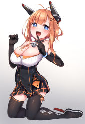 Rule 34 | 1girl, absurdres, azur lane, bell, blue eyes, blush, boots, breasts, cleavage, fang, foxhound (azur lane), foxhound (retrofit) (azur lane), gloves, hair ornament, hairclip, highres, kneeling, large breasts, looking at viewer, open mouth, orange hair, remodel (azur lane), simple background, solo, thigh boots, thighhighs, umishima rinta