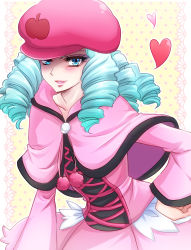 Rule 34 | 10s, 1girl, blue eyes, blue hair, dress, hand on own hip, happinesscharge precure!, hat, heart, highres, hosshiwa, kiraki, matching hair/eyes, pink dress, pink hat, pom pom (clothes), precure, ringlets, shawl, short hair, smile, solo