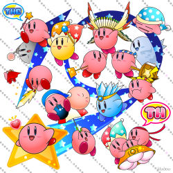 Rule 34 | :o, artist name, ball kirby, beam kirby, blue eyes, blush, bomb, bomb kirby, cloak, closed mouth, explosive, frown, ghost kirby, hammer, hammer kirby, hat, heart, hi-jump kirby, highres, ice kirby, kirby, kirby (series), kudou (wil0830s), mirror kirby, nintendo, no humans, open mouth, parasol kirby, sleep kirby, sleeping, smile, star (symbol), text focus, ufo kirby, umbrella, wing kirby