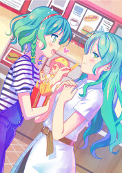 Rule 34 | 3girls, aqua hair, averting eyes, bang dream!, belt, bow, braid, brown belt, character request, dress, embarrassed, food, french fries, green eyes, hair bow, hands on own chest, heart, highres, hikawa hina, hikawa sayo, holding, holding food, long hair, looking at another, medium hair, multiple girls, multiple hair bows, overalls, pink eyes, pink hair, restaurant, shatiko, shirt, smile, striped clothes, striped shirt, twin braids, white dress