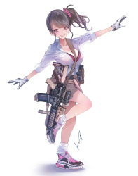 Rule 34 | 1girl, absurdres, assault rifle, blunt bangs, bra, breasts, brown eyes, brown hair, cleavage, clothes around waist, full body, gloves, gun, highres, koh (minagi kou), large breasts, long hair, looking at viewer, m4 carbine, mole, mole on breast, mole under eye, original, rifle, shirt, side ponytail, signature, smile, solo, sweater, sweater around waist, underwear, weapon, white shirt