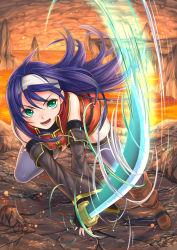 Rule 34 | 1girl, arm warmers, bare shoulders, blue hair, boots, fire emblem, fire emblem: path of radiance, fire emblem: radiant dawn, foreshortening, glowing, glowing sword, glowing weapon, green eyes, hair between eyes, headband, katana, long hair, looking at viewer, mia (fire emblem), lava, motion lines, nintendo, open mouth, purple thighhighs, slashing, solo, soyo2106, sword, thighhighs, vest, weapon