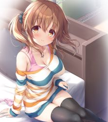 Rule 34 | 1girl, bare shoulders, bed, black scrunchie, black thighhighs, blush, breasts, brown eyes, brown hair, cleavage, collarbone, commentary request, dress, hair between eyes, hair ornament, hair scrunchie, heart, heart necklace, highres, idolmaster, idolmaster cinderella girls, jewelry, medium breasts, mikagami mamizu, necklace, off shoulder, on bed, panties, pillow, pink panties, scrunchie, sitting, smile, solo, striped clothes, striped dress, sweat, thighhighs, totoki airi, twintails, underwear, unworn panties