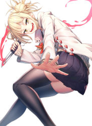 Rule 34 | 1girl, :d, bags under eyes, black skirt, black thighhighs, blonde hair, blood, bloody knife, blush, boku no hero academia, brown sweater, coat, commentary request, double bun, evil smile, fangs, feet out of frame, hair bun, highres, holding, holding knife, knife, long sleeves, looking at viewer, messy hair, neckerchief, open clothes, open coat, open mouth, outstretched arm, pleated skirt, red neckerchief, ririko (zhuoyandesailaer), simple background, skirt, sleeves past wrists, smile, solo, sweater, thighhighs, toga himiko, tsurime, white background, white coat, yellow eyes
