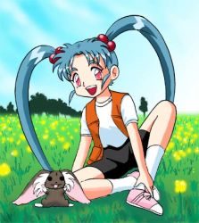 Rule 34 | 1girl, artist request, bike shorts, blue hair, child, field, grass, hair ornament, hand on foot, long hair, looking at viewer, lowres, masaki sasami jurai, pink footwear, pretty sammy, pretty sammy (character), red eyes, ryou-ouki, shirt, shoes, sitting, sky, smile, socks, source request, spread legs, teeth, tenchi muyou!, tree, vest, white shirt