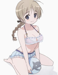 Rule 34 | 1girl, bikini, bikini skirt, blue eyes, blush, braid, braided ponytail, breasts, brown hair, closed mouth, female focus, large breasts, looking at viewer, lynette bishop, ponytail, simple background, smile, solo, strike witches, swimsuit, white background, world witches series