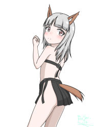 Rule 34 | 1girl, animal ears, bikini, bikini skirt, black bikini, blush, brave witches, brown eyes, closed mouth, edytha rossmann, fox ears, fox tail, highres, looking at viewer, looking back, simple background, smile, solo, swimsuit, tail, white background, white hair, world witches series, yui5306