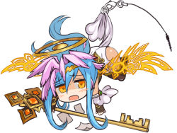 Rule 34 | 1girl, ars nova (p&amp;d), ass, blue hair, blush, chibi, circlet, energy wings, feathered wings, halo, head wings, jyon, key, charm (object), leotard, long hair, multiple wings, open mouth, orange eyes, paper, puzzle &amp; dragons, simple background, solo, white background, wings