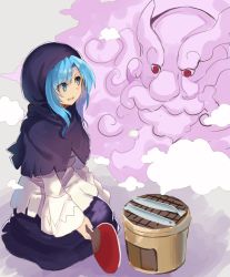 Rule 34 | 1girl, :d, blouse, blue capelet, blue eyes, blue hair, blue skirt, blush, capelet, cloud, commentary request, cooking, falken (yutozin), fish, grey background, grill, grilling, hand fan, highres, holding, holding fan, hood, hooded capelet, kumoi ichirin, long hair, long sleeves, looking at another, one-hour drawing challenge, open mouth, paper fan, red eyes, shichirin, shirt, sitting, skirt, smile, touhou, uchiwa, unzan, white shirt, wide sleeves