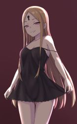 Rule 34 | 1girl, abigail williams (fate), bare shoulders, black dress, blonde hair, breasts, brown background, collarbone, dress, elfenlied22, fate/grand order, fate (series), forehead, grin, highres, keyhole, long hair, looking at viewer, parted bangs, pink eyes, short dress, simple background, small breasts, smile, strap slip, thighs