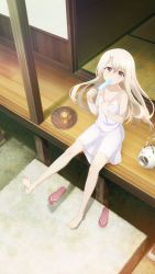 Rule 34 | absurdres, barefoot, blonde hair, breasts, deck, dress, eating, fate/kaleid liner prisma illya, fate (series), feet, food, highres, ice cream, illyasviel von einzbern, long hair, non-web source, official art, outdoors, popsicle, red eyes, sandals, sitting, small breasts, soles, tea, toes