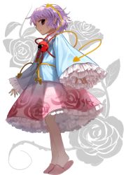 Rule 34 | 1girl, blue shirt, brown eyes, closed mouth, collared shirt, floral print, flower, frilled skirt, frilled sleeves, frills, frown, full body, heart, highres, komeiji satori, leaf, long sleeves, looking at viewer, noose, pink footwear, pink skirt, plant, purple hair, rose, rose print, shirt, short hair, skirt, sleeves past wrists, slippers, solo, standing, suna (s73d), third eye, thorns, touhou, vines, white background