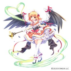 Rule 34 | 1girl, :d, ahoge, bare shoulders, black footwear, black wings, blonde hair, blush, bow, brown eyes, brown skirt, character request, commentary request, copyright notice, feathered wings, fortress girl, full body, hair between eyes, high heels, highres, holding, holding staff, looking at viewer, maid headdress, official art, open mouth, orange hair, orb, red bow, shirt, shoes, simple background, skirt, skirt hold, sleeveless, sleeveless shirt, smile, solo, staff, thighhighs, umeko machi, white background, white shirt, white thighhighs, wings