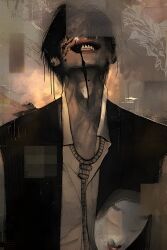 Rule 34 | 1boy, black hair, blood, blood on face, choujin x, cleaned, commentary, derivative work, english commentary, evil smile, extra eyes, formal, gums, head tilt, highres, ishida sui, looking at viewer, male focus, noh mask, noh mask (choujin x), noose, noose necktie, official art, sample watermark, smile, stitched face, stitches, suit, teeth, third-party edit, watermark