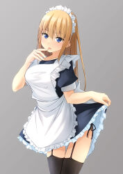 Rule 34 | 1girl, apron, bad anatomy, black dress, black panties, black thighhighs, blonde hair, blue eyes, blush, breasts, clothes lift, collarbone, commentary request, dress, dress lift, finger to mouth, frilled apron, frilled dress, frills, garter straps, grey background, hair between eyes, hand up, highres, long hair, looking at viewer, maid, maid apron, maid headdress, medium breasts, original, panties, parted lips, puffy short sleeves, puffy sleeves, shibacha, short sleeves, side-tie panties, simple background, solo, thighhighs, underwear, very long hair, white apron