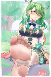 Rule 34 | 1girl, absurdres, averting eyes, barefoot, blush, breasts, ceres fauna, cleavage, efreezerarts, feet, forest, green hair, green nails, highres, hololive, hololive english, long hair, looking to the side, medium breasts, nail polish, nature, soles, solo, stirrup legwear, toeless legwear, toenail polish, toenails, toes, virtual youtuber, yellow eyes
