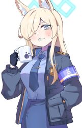 Rule 34 | 1girl, blonde hair, blue archive, blue eyes, blue shirt, coffee mug, cup, hair over one eye, halo, highres, kanna (blue archive), looking at viewer, mug, shirt, simple background, skirt, solo, white background
