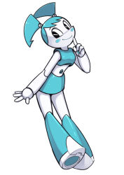 Rule 34 | 1girl, blush stickers, closed mouth, denchuubou, index finger raised, jenny wakeman, leaning forward, looking at viewer, my life as a teenage robot, robot, simple background, smile, white background