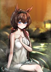 Rule 34 | 1girl, absurdres, animal ears, bare arms, bare shoulders, black hairband, blue eyes, blush, breasts, brown hair, closed mouth, commentary request, grace (kor) (racehorse), hair between eyes, hair over shoulder, hairband, highres, horse ears, korean commentary, long hair, low twintails, miramu (ramu450471), naked towel, sitting, small breasts, smile, solo, towel, twintails, umamusume, very long hair, water