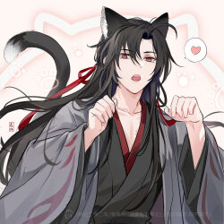 Rule 34 | 1boy, animal ear fluff, animal ears, bishounen, black hair, black robe, cat boy, cat ears, cat tail, chinese clothes, collarbone, commentary request, hair between eyes, hair ornament, hair ribbon, hands up, hanfu, heart, long hair, long sleeves, looking at viewer, male focus, modao zushi, open mouth, parted bangs, paw pose, paw print, pink background, red eyes, red ribbon, ribbon, robe, sidelocks, simple background, solo, speech bubble, spoken heart, tail, teeth, upper body, upper teeth only, usagishi, very long hair, watermark, wei wuxian, wide sleeves