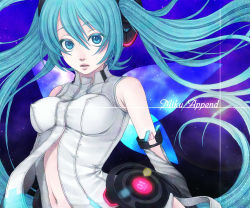 Rule 34 | 1girl, aqua eyes, aqua hair, bad id, bad pixiv id, breasts, elbow gloves, female focus, gloves, hatsune miku, hatsune miku (append), koko-1109, long hair, navel, necktie, outdoors, sky, solo, twintails, very long hair, vocaloid, vocaloid append