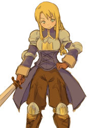 Rule 34 | 1girl, agrias oaks, armor, blonde hair, boots, braid, braided ponytail, breastplate, breasts, elbow pads, final fantasy, final fantasy tactics, gloves, hand on own hip, holding, holding sword, holding weapon, knee boots, knee pads, knight, long hair, looking at viewer, shishio (artist), shoulder pads, simple background, single braid, solo, sword, weapon, white background
