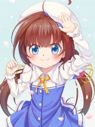 Rule 34 | 10s, 1girl, ahoge, arm up, artist name, beret, blue dress, blue eyes, blush, brown hair, closed mouth, commentary, dress, gradient background, green background, hair between eyes, hat, highres, hinatsuru ai, layered sleeves, long hair, long sleeves, low twintails, petals, puffy short sleeves, puffy sleeves, ryuuou no oshigoto!, school uniform, short over long sleeves, short sleeves, smile, solo, tragobear, twintails, very long hair, white background, white hat