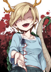 Rule 34 | 1girl, antlers, blonde hair, blood, blood splatter, blue shirt, blue skirt, breasts, collarbone, commentary request, dragon horns, dragon tail, fangs, foreshortening, harusame (unmei no ikasumi), head tilt, horns, kicchou yachie, long sleeves, looking at viewer, medium breasts, open mouth, pleated skirt, reaching, reaching towards viewer, red eyes, shirt, short hair, skirt, smile, solo, standing, tail, touhou, upper body, uvula, white background