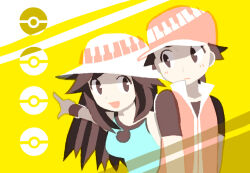 Rule 34 | 1boy, 1girl, :d, brown eyes, brown hair, closed mouth, commentary request, creatures (company), game freak, hair flaps, hat, leaf (pokemon), light blush, long hair, looking at viewer, looking to the side, milkpeachi, nintendo, open mouth, pointing, poke ball symbol, pokemon, pokemon frlg, red (pokemon), shirt, short sleeves, sidelocks, sleeveless, sleeveless shirt, smile, t-shirt, vest, white hat, wristband