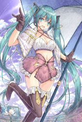 Rule 34 | 1girl, :d, aqua eyes, aqua hair, aramachi, beach umbrella, black gloves, boots, breasts, brown footwear, capelet, cleavage, cloud, collarbone, criss-cross halter, day, fox shadow puppet, frilled footwear, frilled skirt, frills, gloves, groin, halterneck, hatsune miku, headset, high heel boots, high heels, highres, leg up, long hair, looking at viewer, medium breasts, navel, open mouth, outdoors, purple skirt, skirt, smile, solo, stadium, standing, standing on one leg, sunlight, thigh boots, thigh gap, thighhighs, twintails, umbrella, very long hair, vocaloid, white capelet