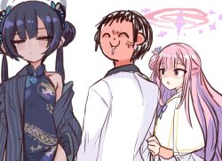 Rule 34 | 1boy, 2girls, ^ ^, doodle sensei (blue archive), black hair, blue archive, blush, breasts, butterfly hair ornament, china dress, chinese clothes, closed eyes, clothes grab, coat, distracted boyfriend (meme), double bun, dress, hair bun, hair ornament, halo, highres, jacket, kisaki (blue archive), long hair, long sleeves, meme, mika (blue archive), multiple girls, off shoulder, open clothes, open coat, pink hair, saliva, sensei (blue archive), shaded face, shiming liangjing, simple background, single side bun, sleeve grab, small breasts, twintails, veins, very long hair, white background, white jacket