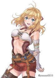 Rule 34 | 1girl, bare shoulders, blonde hair, blush, breasts, brown thighhighs, cleavage, fiora (xenoblade), gloves, green eyes, hair ornament, highres, jewelry, large breasts, long hair, looking at viewer, medium breasts, miniskirt, nintendo, open mouth, short hair, simple background, skirt, smile, solo, thighhighs, underboob, white background, xenoblade chronicles (series), xenoblade chronicles 1, xenoblade chronicles 2, yuuuun0218