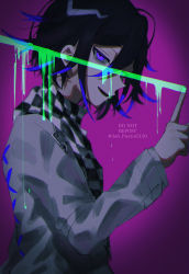 Rule 34 | 1boy, :d, alternate hair color, black hair, blue hair, checkered clothes, checkered neckwear, checkered scarf, commentary request, danganronpa (series), danganronpa v3: killing harmony, flipped hair, from side, grey jacket, hand up, highres, index finger raised, jacket, joh pierrot, long sleeves, looking at viewer, looking to the side, male focus, messy hair, open mouth, oma kokichi, pointy nose, purple background, scarf, short hair, smile, solo, twitter username, upper body
