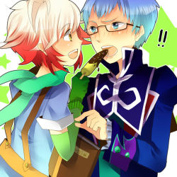 Rule 34 | 1boy, 1girl, blue eyes, blue hair, blue shirt, coat, eating, glasses, gradient hair, hubert ozwell, multicolored hair, nono (syuwa2), open mouth, pascal (tales), popsicle, red hair, scarf, shirt, short hair, tales of (series), tales of graces, white hair, yellow eyes