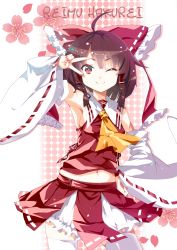 Rule 34 | 1girl, ahoge, armpits, ascot, blush, bow, breasts, brown eyes, brown hair, character name, detached sleeves, female focus, flower, hair bow, hair tubes, hakurei reimu, highres, japanese clothes, karlwolf, long hair, midriff, miko, nail polish, navel, no bra, one eye closed, red eyes, short hair, sideboob, skirt, small breasts, smile, solo, thighhighs, touhou, v, v over eye, white thighhighs, wink
