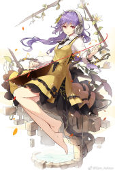 Rule 34 | 1girl, bare legs, barefoot, biwa lute, black neckwear, chain, cobblestone, dress, floating, floating hair, flower, full body, headphones, instrument, light smile, long hair, long sleeves, looking at viewer, lute (instrument), music, musical note, petals, playing instrument, purple hair, red eyes, sam ashton, short dress, simple background, solo, touhou, tsukumo benben, water, white flower, wing collar, yellow dress