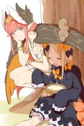 Rule 34 | 2girls, 7dango7, ^ ^, abigail williams (fate), blonde hair, bloomers, bow, cheek rest, circe (fate), closed eyes, fate/grand order, fate (series), hair bow, multiple girls, multiple hair bows, pink hair, pointy ears, sleeves past fingers, sleeves past wrists, smile, squatting, squirrel, stuffed animal, stuffed toy, teddy bear, tree, under tree, underwear, winged hair ornament, wings