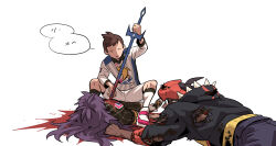 Rule 34 | 3boys, black hoodie, black shirt, blood, brown hair, champion uniform, collared shirt, commentary request, creatures (company), game freak, gym challenge uniform, headband, highres, holding, holding sword, holding weapon, hood, hoodie, knees, korean commentary, leon (pokemon), long hair, male focus, multiple boys, nintendo, orange headband, pokemon, pokemon swsh, purple hair, raihan (pokemon), redlhzz, shirt, shoes, short hair, shorts, sitting, socks, speech bubble, stab, sword, torn clothes, torn hoodie, translation request, victor (pokemon), weapon, white background, white footwear, white shirt, white shorts, white socks