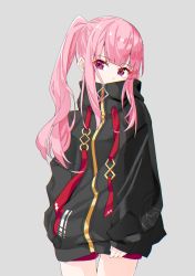 Rule 34 | 1girl, absurdres, alternate costume, black jacket, covered mouth, hair behind ear, head tilt, highres, hololive, hololive english, jacket, long hair, looking to the side, mori calliope, pink eyes, pink hair, side ponytail, simple background, sleeves past wrists, solo, virtual youtuber, watson (achromatist ), white background