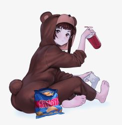 Rule 34 | 1girl, :|, animal costume, arm up, asymmetrical hair, barefoot, bear costume, blunt bangs, brown hair, chips (food), closed mouth, commentary, controller, crossed legs, cup, disposable cup, drinking straw, eyebrows hidden by hair, food, from behind, grey background, hair ornament, highres, holding, holding controller, holding cup, iwakura lain, joshirah, looking at viewer, looking back, potato chips, red eyes, serial experiments lain, short hair, simple background, single sidelock, sitting, soles, solo, toes, x hair ornament