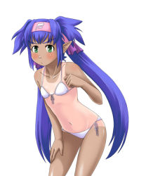 Rule 34 | 00s, 1girl, :/, bikini, blue hair, blush, front-tie top, green eyes, hand on own thigh, hand on thigh, klan klein, leaning forward, long hair, looking at viewer, macross, macross frontier, one-piece tan, pointy ears, shiny skin, side-tie bikini bottom, simple background, solo, swimsuit, tan, tanline, toshifumi, twintails, very long hair, white background, white bikini