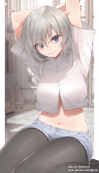 Rule 34 | 1girl, arms up, black pantyhose, blue eyes, blurry, blurry background, breasts, buttons, chair, closed mouth, collared shirt, crop top, crop top overhang, day, grey hair, grey shorts, hair between eyes, hand on own arm, highres, indoors, jjune, lamp, large breasts, looking at viewer, navel, no shoes, original, outside border, outstretched arm, pantyhose, pantyhose under shorts, patreon username, pillarboxed, see-through, shirt, short hair, short shorts, short sleeves, shorts, sitting, smile, solo, stomach, stretching, table, wariza, watermark, web address, white shirt, wide sleeves, window
