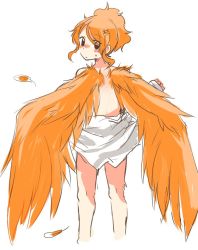 Rule 34 | 10s, 1girl, aquila (kancolle), bare back, bird wings, black eyes, blush, feathered wings, feathers, hair ornament, hairclip, high ponytail, kantai collection, long sleeves, looking at viewer, looking back, naked shirt, open clothes, open shirt, orange wings, rebecca (keinelove), shirt, sketch, solo, sweat, white shirt, wings