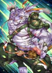 Rule 34 | 1boy, abs, animal ears, armor, bara, claw pose, claws, colored sclera, commentary, english commentary, furry, furry male, highres, incoming attack, looking at viewer, male focus, multiple scars, nimbus (world flipper), orange eyes, pawpads, pectorals, ponytail, rabbity art, scar, scar on arm, scar on stomach, shoulder armor, signature, tail, tiger boy, tiger ears, tiger stripes, tiger tail, whiskers, world flipper, yellow sclera